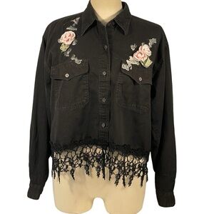 Simply Roses Boutique Handmade Black Denim 3D Rose Lace Hem Shirt Jacket L/XL